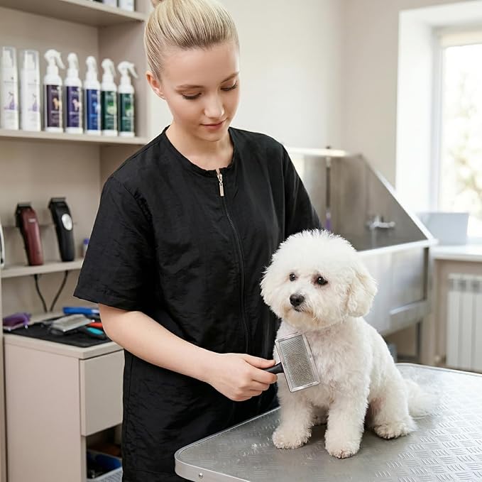 Pumtus Waterproof Pet Grooming Workwear, Short Sleeves Dog Groomer Smock, Anti Static Baber Uniform with Full Zipper & Pocket