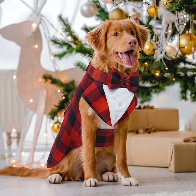 Kuoser Christmas Dog Tuxedo Dog Suit and Bandana Set, Pet Christmas Outfit Adjustable Puppy Xmas Costume with Bow Tie for Large Medium Small Dogs Golden Retriever Samo Bulldogs, Red Plaid L