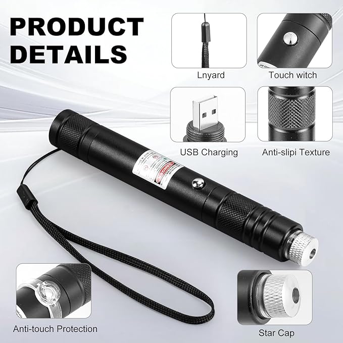 High Power Green Laser Pointer with Removable Star Cap, Long Range Single Pinpoint Mode, Built-in USB Rechargeable Lazer for Astronomy, Hiking, Presentations and Interactive Cat Toy
