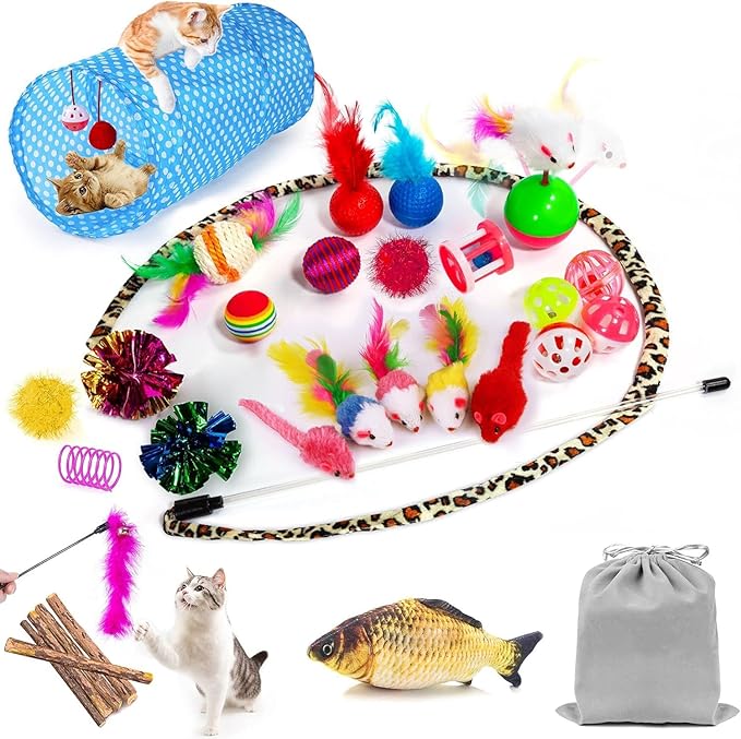 AILUKI 35 PCS Cat Toys Kitten Toys Assortments,Variety Catnip Toy Set Including 2 Way Tunnel,Cat Feather Teaser,Catnip Fish,Mice,Colorful Balls and Bells for Cat,Puppy,Kitty