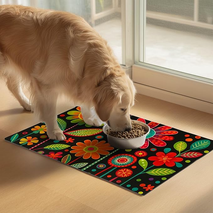 HOMETITUTE Vibrant Flower Pattern Pet Food Mat Spill-Proof Cat Feeding Mats Non-Slip Mat for Dog Food and Water Bowls Trendy Easy Clean Fast Dry Cat Food Mats for Indoor Cats 20" x 12"