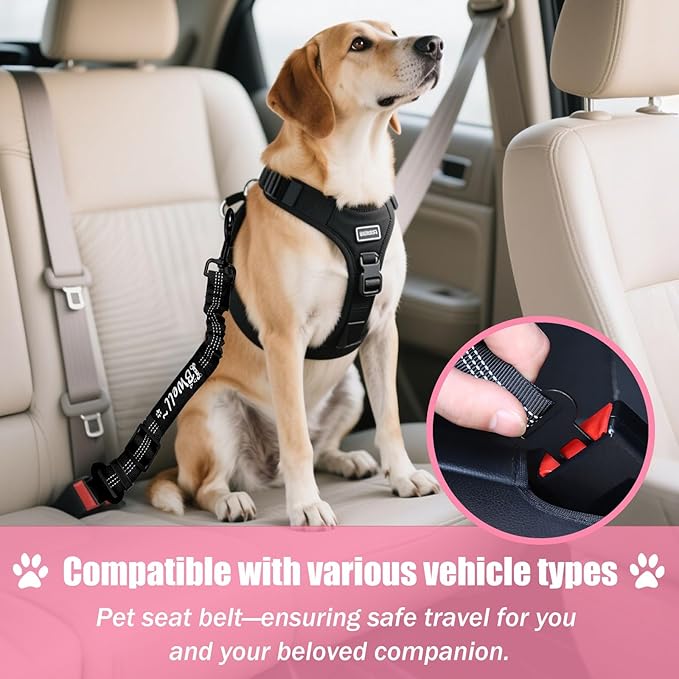 IBWell Dog Seat Belt,3 Piece Set Retractable Dog Car Harness Adjustable Dog Seat Belt for Vehicle Nylon Pet Safety Seat Belts Heavy Duty & Elastic (Black & Pink)