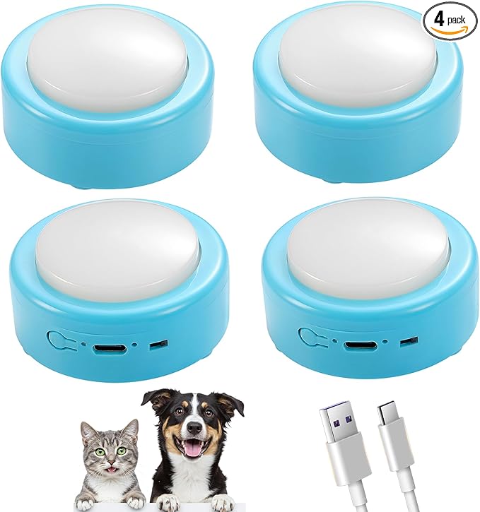 Talking Buttons for Cats and Dogs, Set of 4 Blue Rechargeable Buttons with Voice Recording for Pet Communication, Puppy & Kitten Easy Press, Small Animal Speech