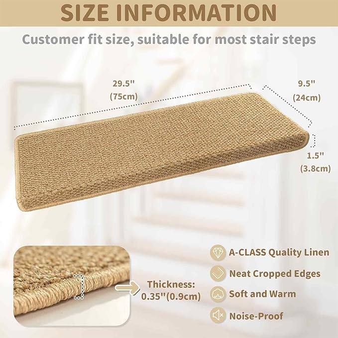 Brakki Bullnose Carpet Stair Treads, Non Slip Stair Treads for Wooden Steps Indoor Runner, Soft Rugs for Pets, Edging Protectors, Washable, 29.5"x9.5"x1.5" 7pcs, Beige