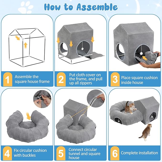 Pawaboo Cat Tunnel Bed for Indoor Cats, Cute Cat Donut Tunnel with Square House, Peekaboo Pet Cave Play Tunnels with Cave for Kitten/Rabbit, Dark Gray