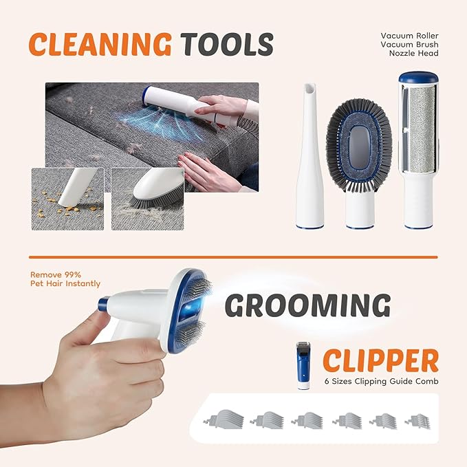 DUMOS Pet Grooming Vacuum Kit, 3 Adjustable Suction Modes Dog Clipper, 5 Professional Grooming Tools with Cordless Low Noise Cat Hair Clippers, 2.5L, Blue & White