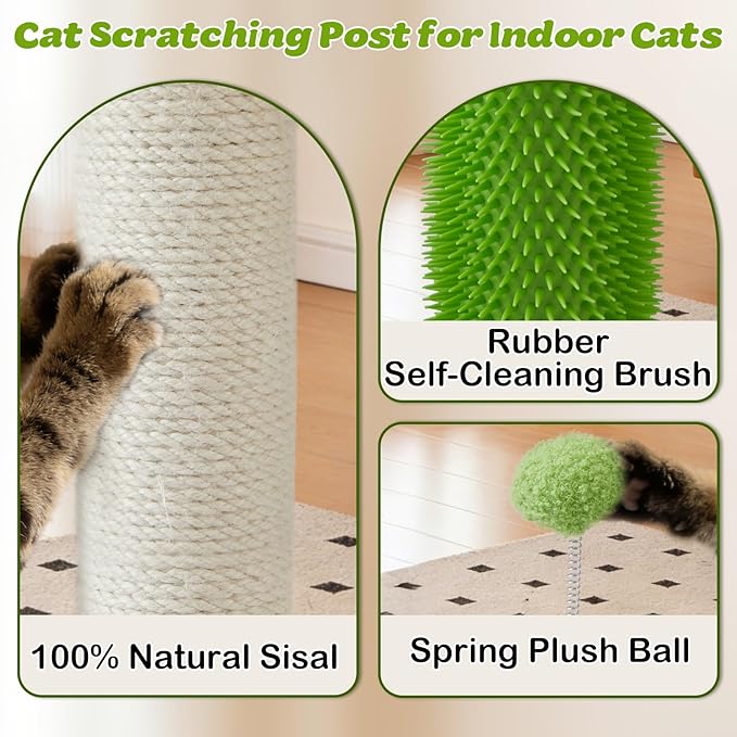 Cat Scratching Post, 26 Inch Tall Scratching Posts for Indoor Small Cats and Kittens, Sisal Cat Scratch Post with Hanging Toys, Rubber Brush and Double-Layer Interactive Wooden Ball Track