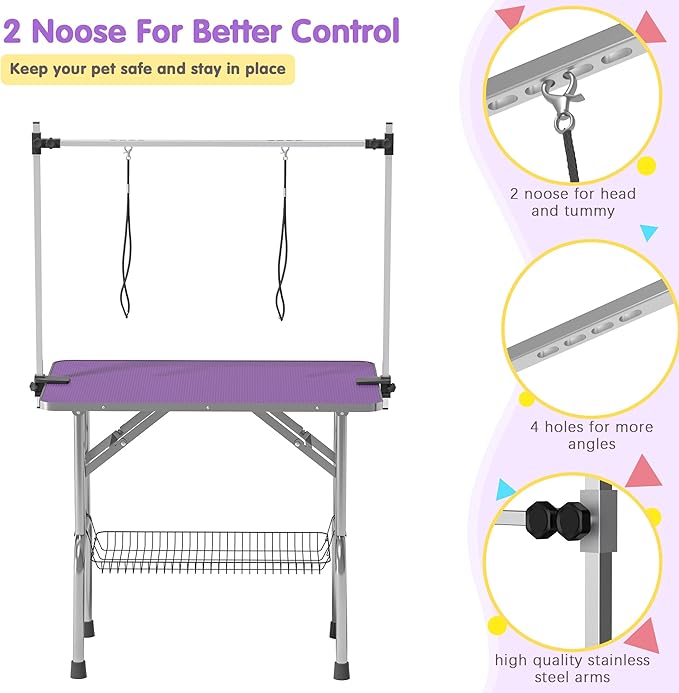 Dog Grooming Table, Adjustable Large Pet Drying Desktop, Foldable Bathing Desk with Arms, Noose, Mesh Tray, Maximum Capacity Up to 330Lb, 42in, Purple