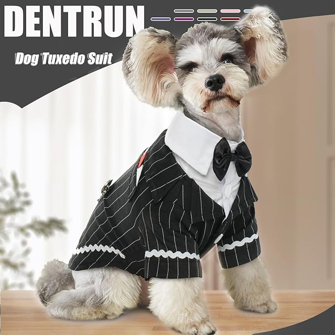 DENTRUN Dog Tuxedo Suit with Bow Tie - Formal Black & White Striped Pet Costume Shirt, Elegant Wedding Outfit Birthday Party Attire for Golden Retriever Husky Border Collie Large Dogs, XXL