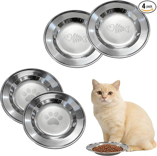 4-Pack Stainless Steel Cat Bowls, 6.3” Shallow Cat Bowl, Whisker-Friendly to Help Reduce Whisker Fatigue, Thickened & Durable Cat Dishes for Cats and Kittens, Dishwasher Safe