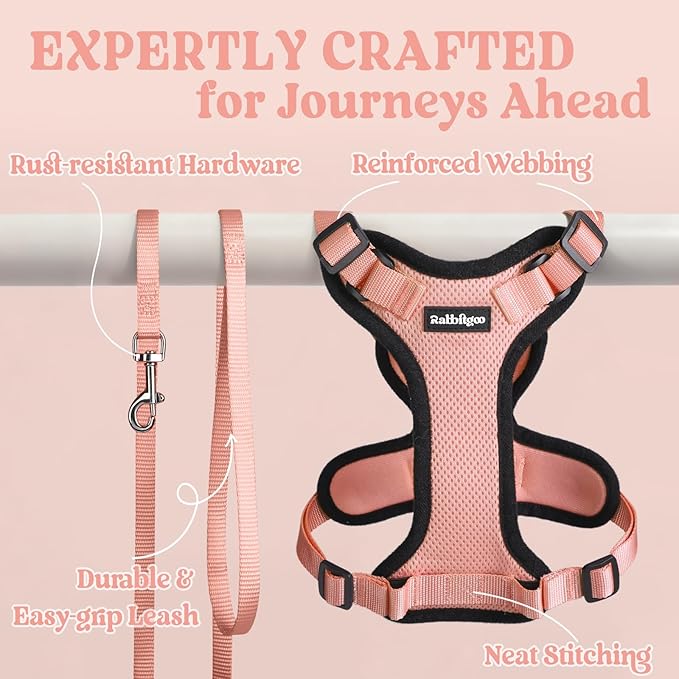 rabbitgoo Cat Harness and Leash Set, Escape Proof Vest Harness for Safe Outdoor Walks, Soft Breathable Adjustable Vest with Reflective Strips for Small and Average Cats, Light Salmon Pink, S