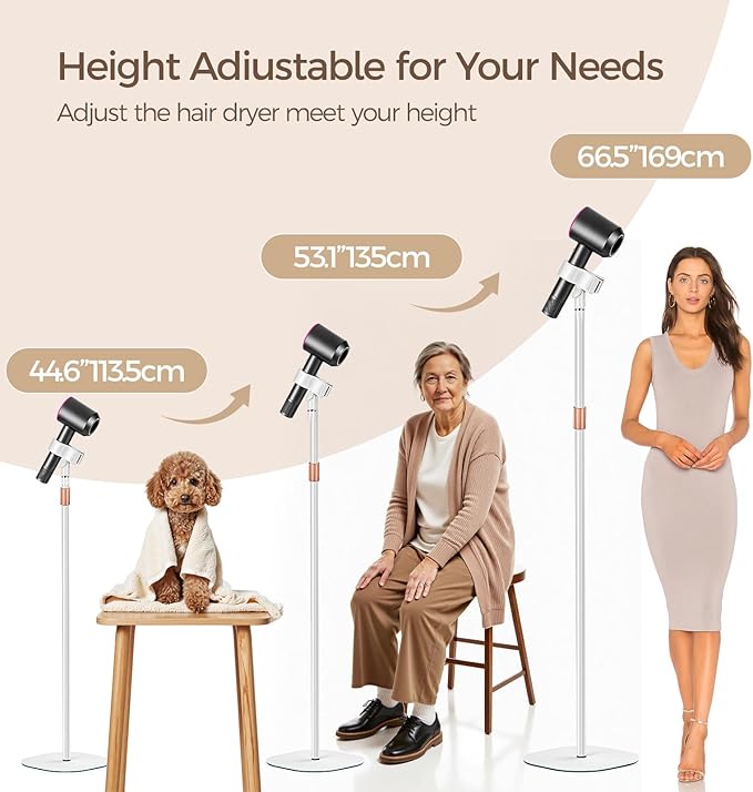 Hair Dryer Stand, 1.68M Height Adjustable Blow Dryers Holder, Ultra Stable Holder with 360° Rotating, Universal Clips, Work with All Dryer, Floor Dryer Stand for Salons or Home Use(White)