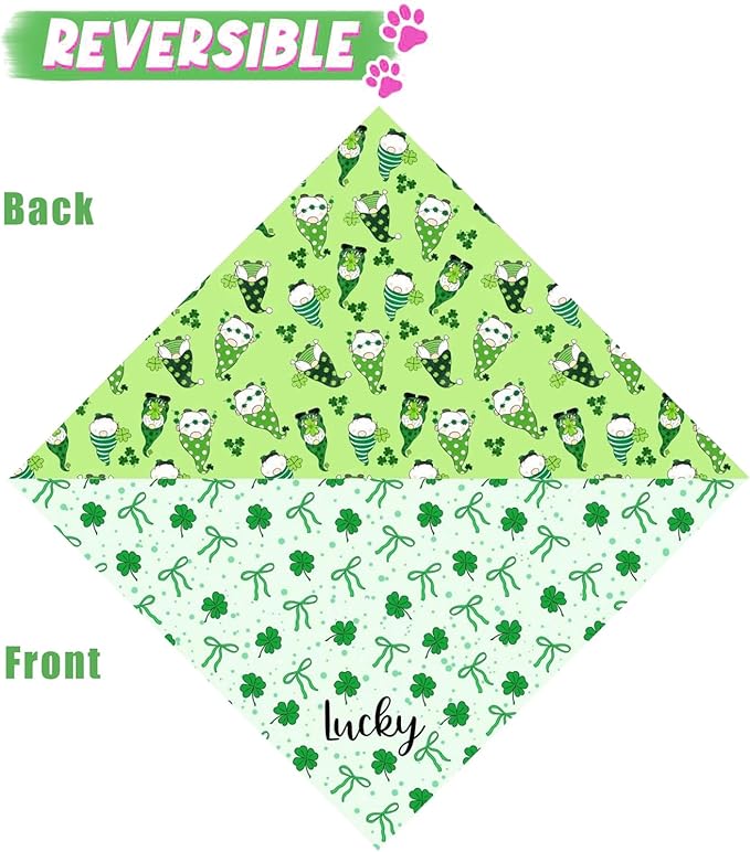 St. Patrick's Day Dog Bandana Reversible 2 Pack, St. Patricks Day Pet Bandanas for Dogs Cute Green Shamrock Adjustable Triangle Holiday Scarves for Medium Large Extra Large Boy Girl Dogs