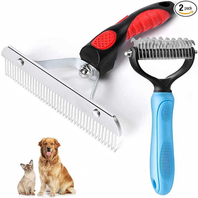 Undercoat Rake for Dogs, Long Tooth Dog Grooming Rake + Deshedding Brush Comb, Dematting Tool Set Pet Beauty Brushes for Grooming Middle Large Dog Longhair Cat Horse, German Shepherd Comb Husky Brush