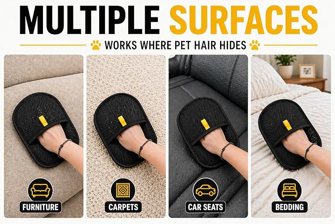 Pet Hair Remover Glove 2-Pack, Reusable Pet Hair Remover for Couch, Carpet, Furniture & Car Seats, Washable Lint Remover Mitt for Dog & Cat Hair