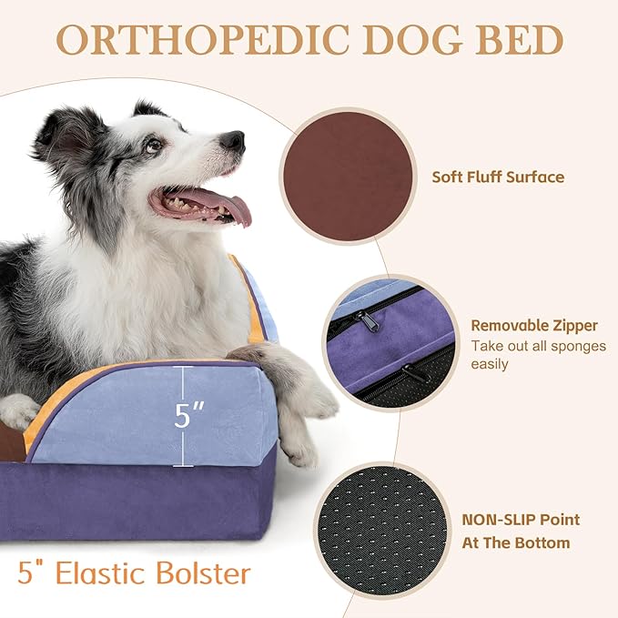 Comfort Expression Orthopedic Dog Bed for Extra Large Dogs 42x30 Inch, Waterproof Egg Crate Foam XL Pet Bed with Bolsters, Dog Couch with Washable Cover & Non-Slip Bottom, Honey Lavender