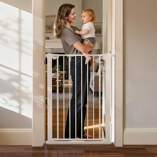 43 inch Tall Safety Dog Gate Adjustable 29.7-57 inch Extra-Wide Metal Pet Gate Drill-Free Pressure-Mount Installation kit Self-Closing Cat Gate for Stairwells、Doorways（White）
