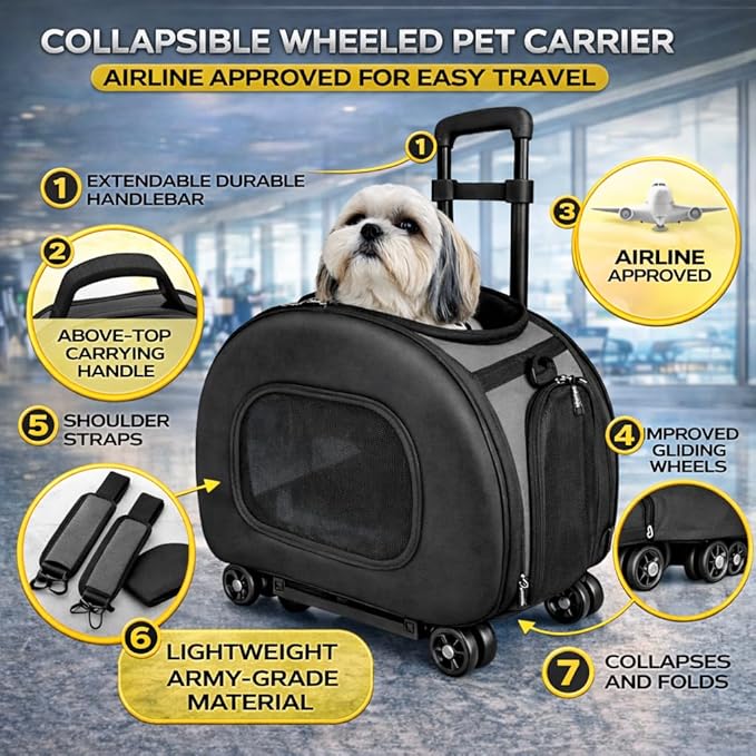 Pet Life ® 'Final Destination' Military-Grade Hardshell and Light 2-in-1 Wheeled or Carrying Travel Airline Cat and Dog Carrier Crate or Portable Pet Kennel