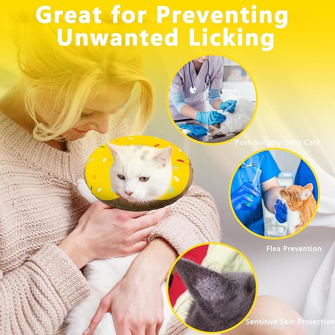 Seyezo Cat Cone Collar Soft, Adjustable Cat Recovery Collar Kitten Cones to Stop Licking, Cute Donut E Collar After Surgery, Cats Neck Pillow Cone Elizabethan Cones of Shame (Waterproof Yellow, Large)