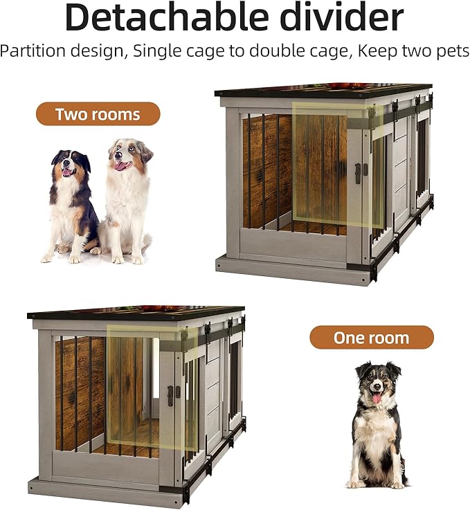 62" Farmhouse Dog Crate Furniture for 2 Large Dogs, Heavy Duty Solid Wood Indoor Dog Kennel with Removable Divider, Sliding Door, Double Dog Crate TV Stand, Vintage Industrial Style