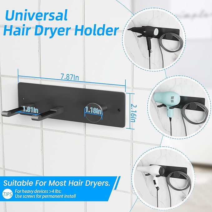 XIGOO Self Adhesive Hair Dryer Holder Wall Mounted-Bathroom Hair Blow Dryer Rack Organizer Compatible with Supersonic Hair Dryers, Matte Black