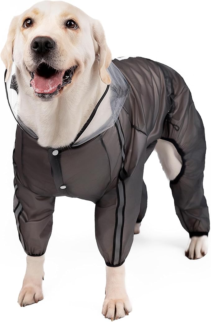 Olsa Dog Raincoat, Dog Hooded Slicker Poncho, 4 Legs Rain Jacket with Reflective Stripe, Transparent Water Proof Resistant Rain Snow Clothes for Small Medium Large (Black, 2XL)