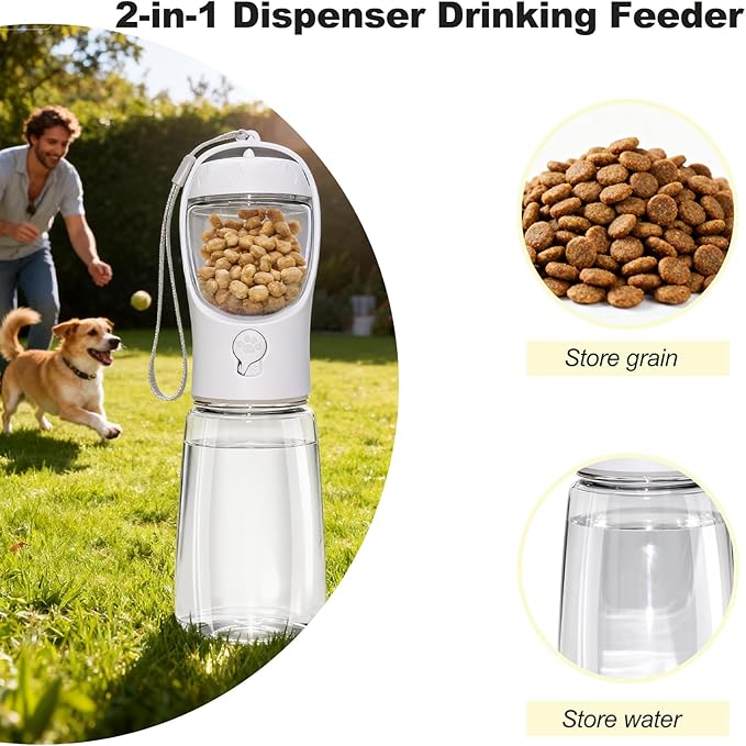Portable Dog Water Bottle with Food Container, BPA Free Travel Water Bottle for Dogs, 2-in-1 Dispenser Drinking Feeder for Pets Walking, Hiking, Travel, Puppy Essentials, White, 12oz