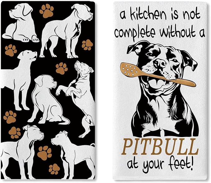 Funny Pitbull Dog Kitchen Dish Towels Set of 2, Cute Paw Prints Drying Hand Towel Baking Cooking Cloth, Home Decoration Gifts for Pet Dog Owner Lover 18'' x 26''