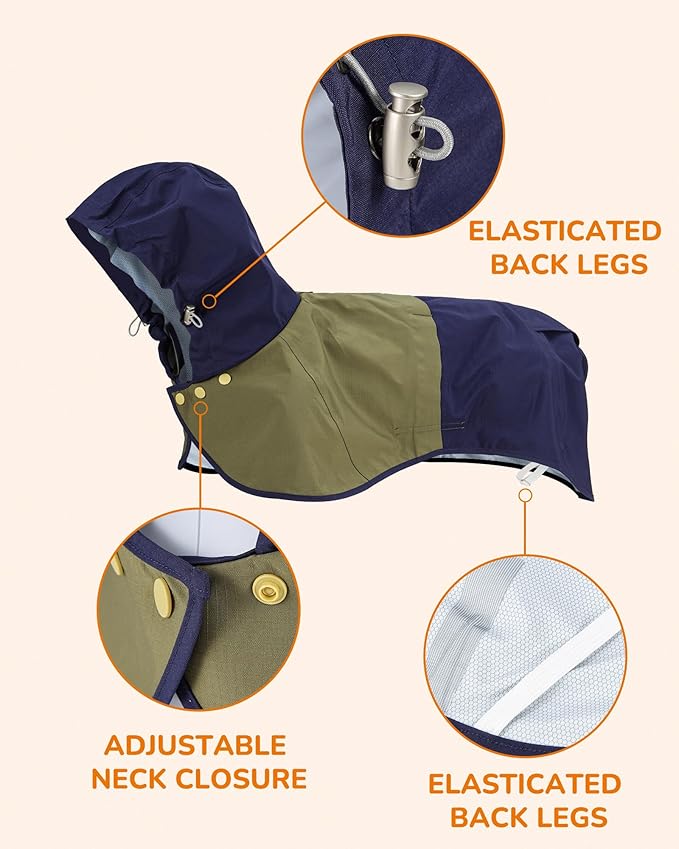 Waterproof Dog Raincoat with Hood, Extended Coverage Rain Jacket for Large Dogs, Wind-Resistant Secure Fit with Leg Straps, Reflective, Leash Hole, Easy Hook & Loop Fastener On/Off, Blue, XXL