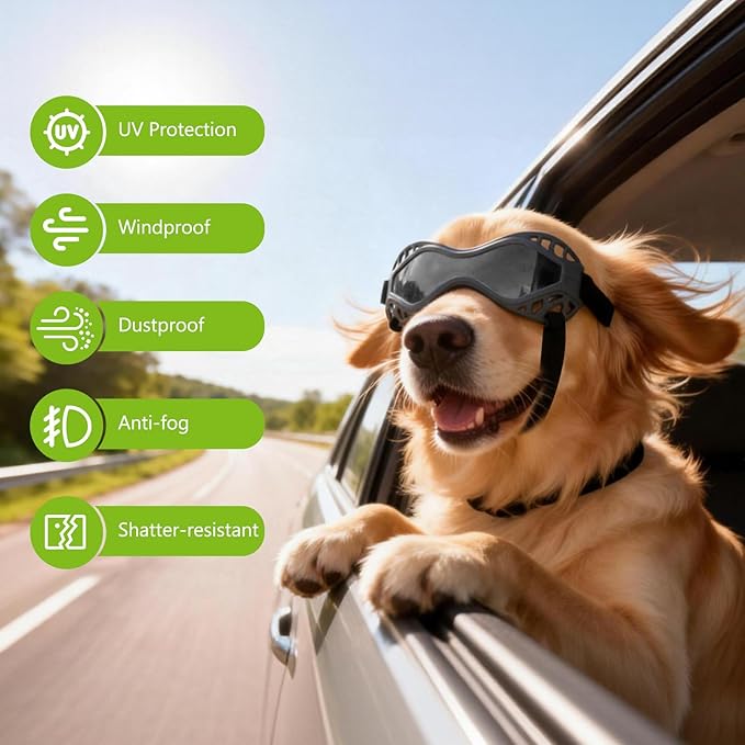 Dog Goggles for Medium to Large Breeds, Adjustable UV Protective Sunglasses with Soft TPU Frame and PC Lens, Windproof & Dustproof Pet Eye Wear for Outdoor Riding, Skiing and Driving (Gray Lens)