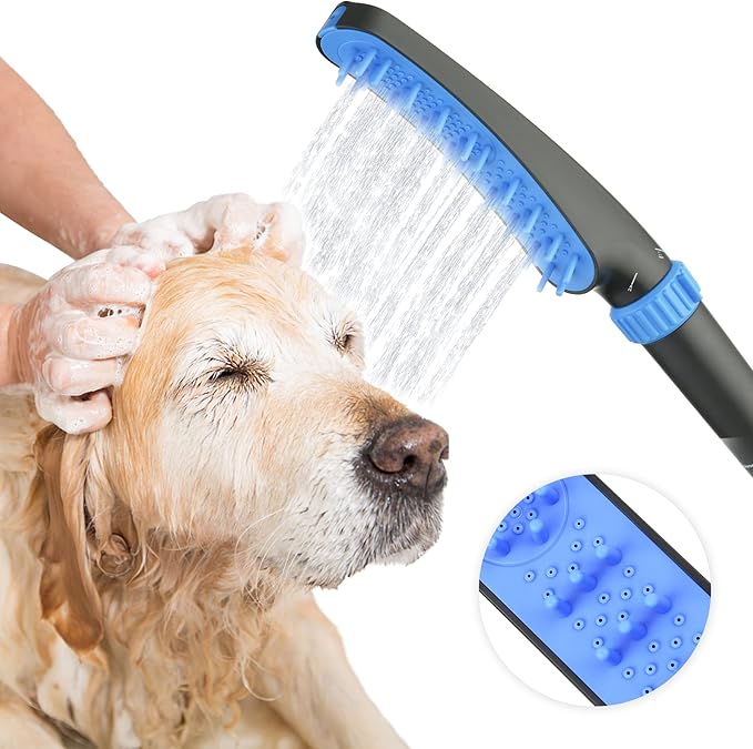 Pet Wand Shower Sprayer, Dog Shower Attachment, 1.8GPM Dog Shower & Bath Accessories with Faucet Head Hook Valve 9.8 Ft Steel Hose for Dogs Cats Bath Indoor Outdoor Blue & Grey