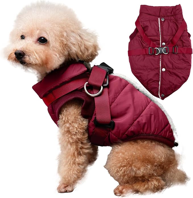 JoyDaog Dog Jacket with Harness,Fleece Lined Warm Puppy Coat for Winter,Soft Windproof Small Dog Vest,Red M