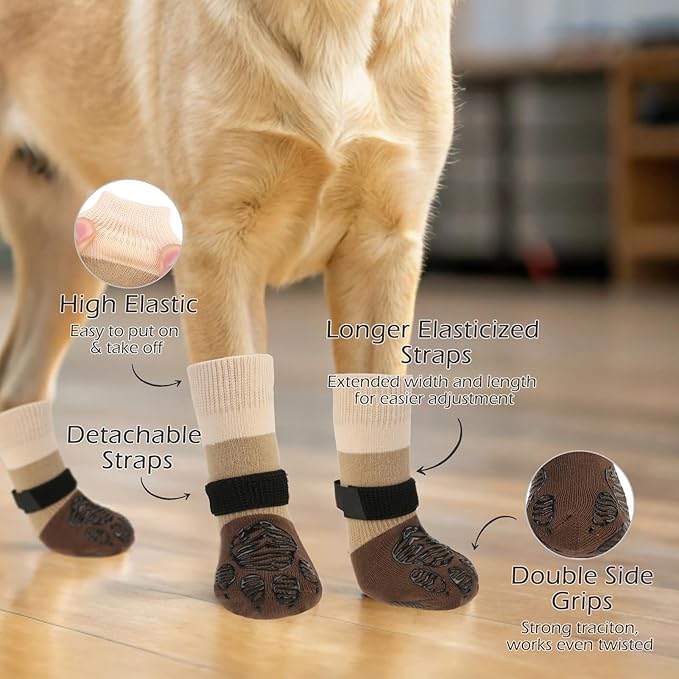 EXPAWLORER Anti Slip Dog Socks to Prevent Licking Paws, Dog Shoes for Hot Pavement, Dog Booties for Hardwood Floors, Dog Boots & Paw Protectors with Grippers for Small Medium Large Senior Dogs Khaki M