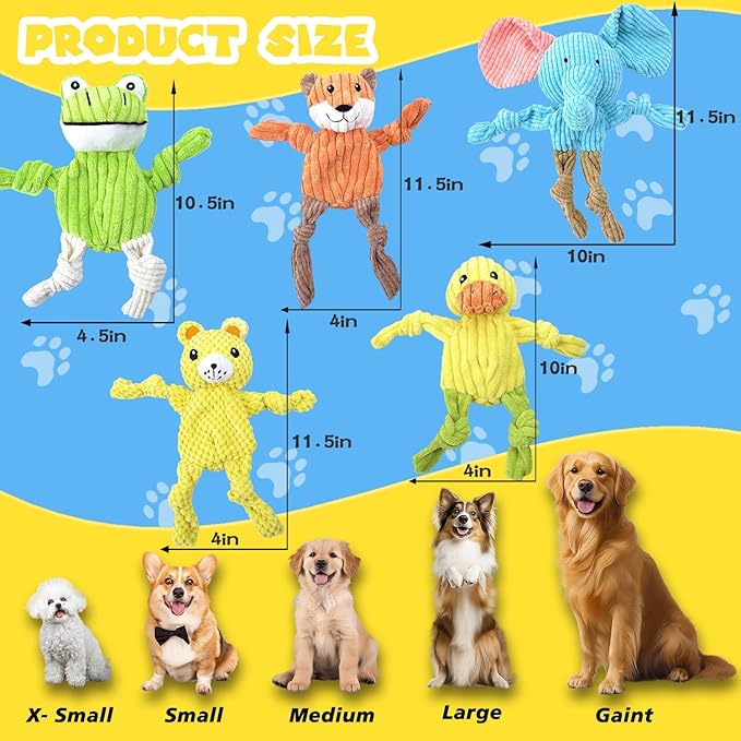 MRSOHRET 5 Pack Dog Toys Squeaky, Tough Stuffed Plush Puppy Chew Toys for Teething, Durable Plush Dog Toy for Large Medium Small Breed to Keep Them Busy, No Stuffing Crinkle Dog Toys