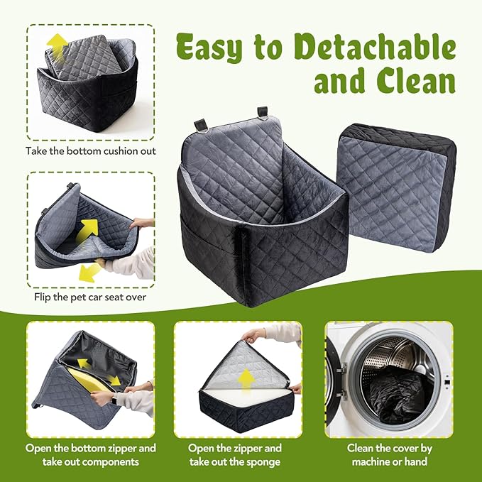 Dog Car Seat for Small/Medium Dogs, Dog Booster Car Seats with Thick Cushion for Dogs Under 32lbs, Detachable Washable Cover, 2 Safety Belts & Storage Pockets