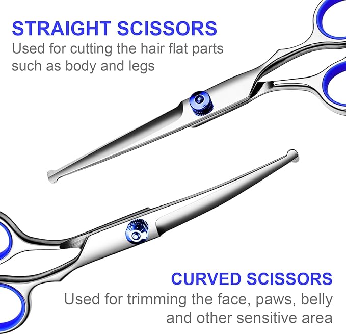 TINMARDA Dog Grooming Kit, Professional Stainless Steel Dog Grooming Scissors with Curved Shears, Blue Finger Rings - 5 Piece Sharp Durable Pet Shears for Dogs Cats At Home Salon-Quality Grooming