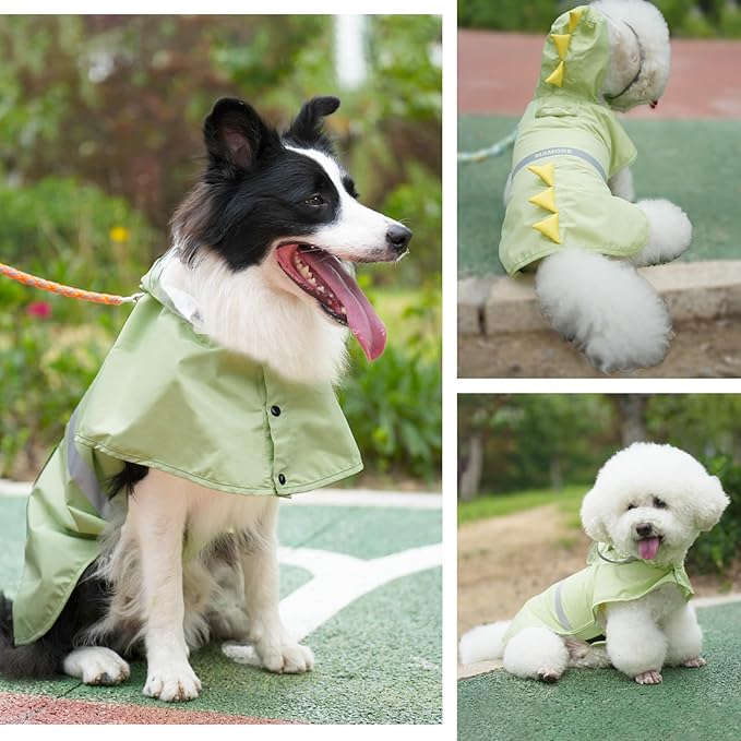 Dog Raincoat, Waterproof Reflective Adjustable Hooded Dog Rain Coat with Leash Hole, Lightweight Breathable Pet Poncho for Dogs (Green Dinosaur, XX-Large(55-79lb))