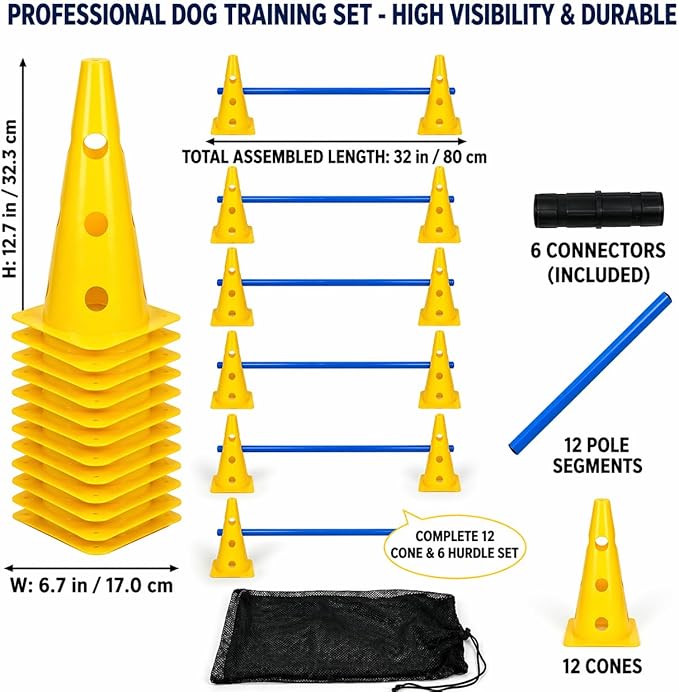 Dog Agility Training Jumping Hoop for Small Medium Dogs, Adjustable Height Pet Exercise Equipment for Outdoor Backyard (12 Cone Set)
