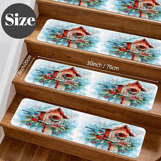 Animal Bird Bird House Stair Treads for Wooden Steps Indoor Washable Staircase Carpet 10PCS 30"x7.8" Stair Step Treads Non-Slip Staircase Covers Peel and Stick Safety Mat for Kids Elders Pets