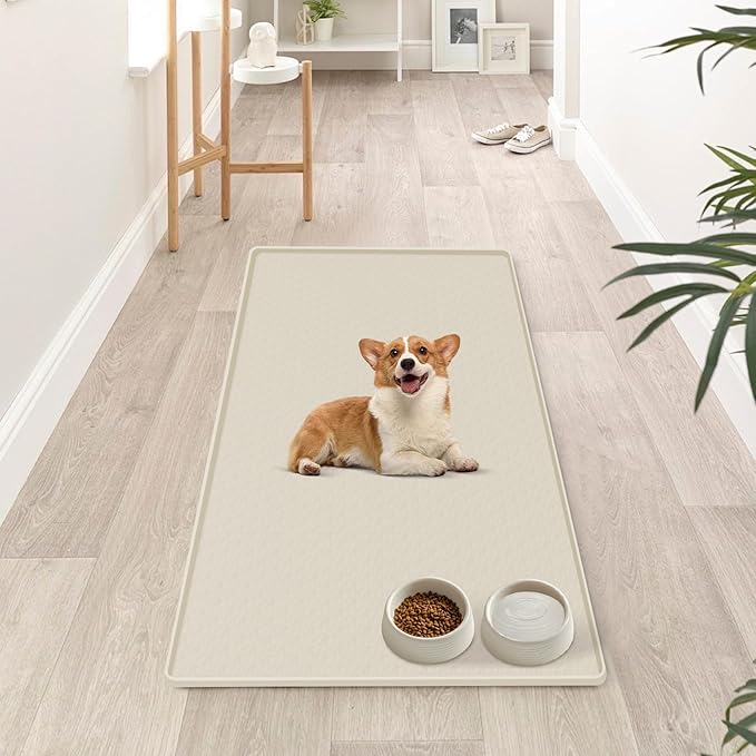 Dog Food Mat, Extra Large 51" x 25.6" Silicone Pet Feeding Mat with Raised Edge Pet Placemat for Small, Medium, and Large Pets Non-Slip, Easy to Clean (Beige)