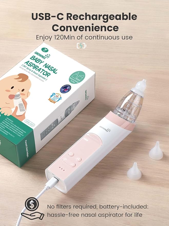 GROWNSY Nasal Aspirator for Baby, 2-in-1 Electric Nose Spray & Suction, Baby Nose Sucker with Powerful Suction, Music and Light Soothing Function, Pink