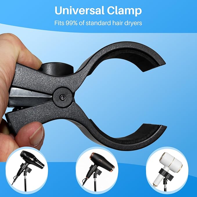 Hair Dryer Stand Holder Hands Free - Adjustable Blow Dryer Stand with Universal Non-Slip Clip & Sturdy Tripod Base for Home Styling, Elderly & Pet, Hair Dryer Holder with 180 Deg Rotation