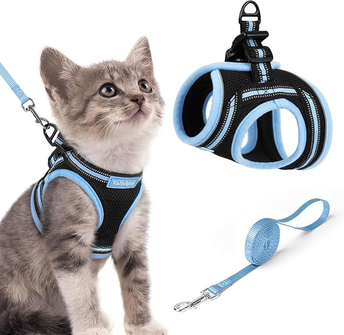 rabbitgoo Cat Harness and Leash, Step-in Escape Proof Kitten Harness Set, Soft Comfortable Cat Vest, Easy to Wear and Adjust, Reflective for Safe Outdoor Walking, Black&Light Blue, Small