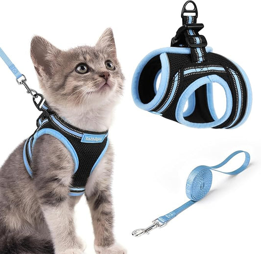 rabbitgoo Cat Harness and Leash, Step-in Escape Proof Kitten Harness Set, Soft Comfortable Cat Vest, Easy to Wear and Adjust, Reflective for Safe Outdoor Walking, Black&Light Blue, Small