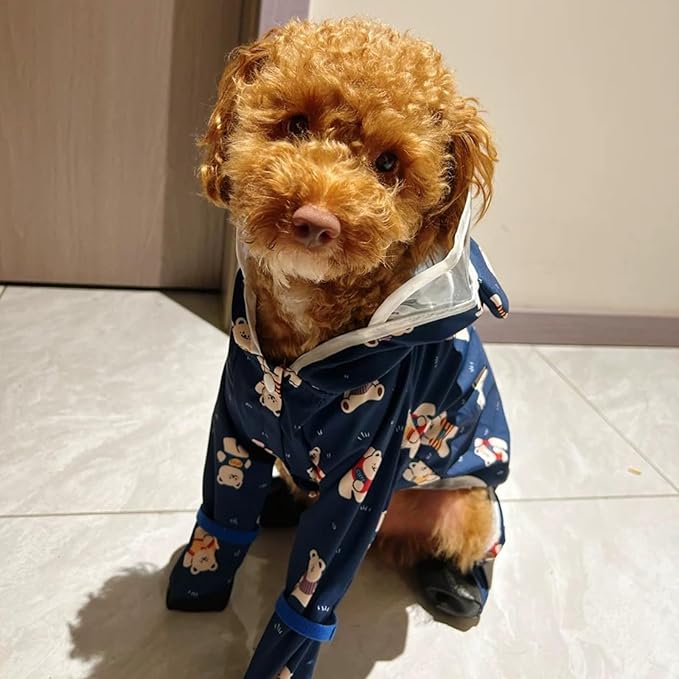 Small Dog Raincoat, Tail Protect Feet Cover Waterproof Dog Rain Jacket Dog Rain Coat for Puppy Small Dogs (Navy Bear,XS)