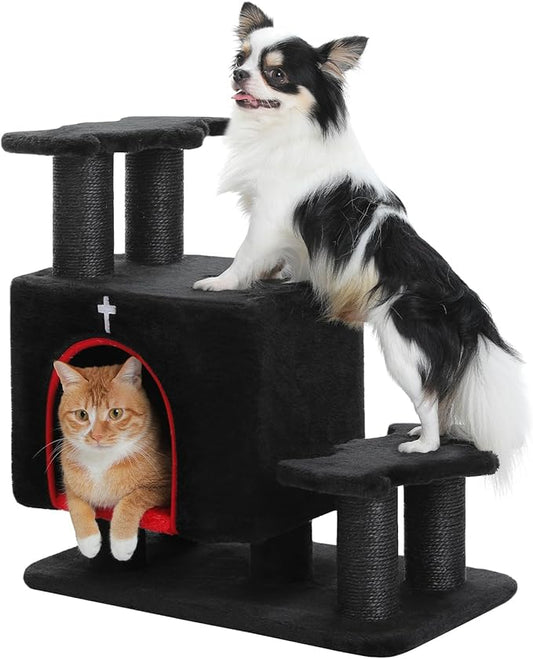 Gothic 3-in-1 Dog Stairs & Cat Scratching Post with Condo - Pet Steps for High Beds, Sofa & Couch, 3-Tier Cat Tower with Sisal Scratching Pad for Small Dogs, Cats & Kittens, Black