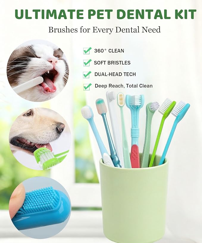 10 Pieces Pet Toothbrush Set, 360° Toothbrush for Dogs Cats, Double-Ended Soft Bristle Brush & Finger Toothbrushes, Gentle Dental Care Kit for Small Large Dogs Puppy Kittens (Multicolor)