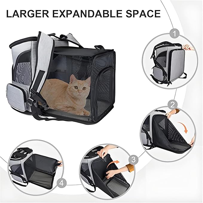Cat Carrier Backpack, Airline Approved Expandable Pet Carrier, Breathable Mesh Backpack for Small Dogs & Medium Cats Hiking Camping Travel (Gray)