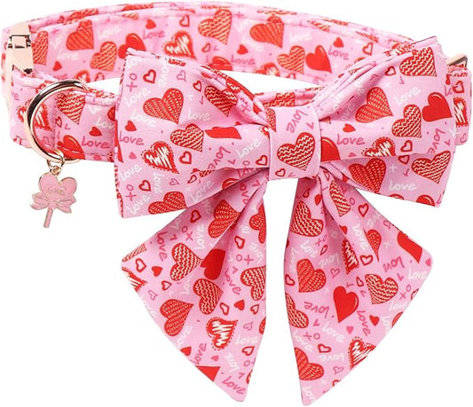 DOGWONG Valentine's Day Dog Collar with Bow Tie - Adorable Pet Collar Red Hearts with Rose Gold Buckle for Large Medium Small Dog Walking, XS