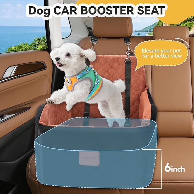 Dog Car Seats for Small/Medium Dogs, Memory Foam Dog Booster Seat for Dogs up to 35 lbs, Travel Safety Pet Car Seat with Washable Removable Cover and Storage Pockets (Black/Brown, Medium)